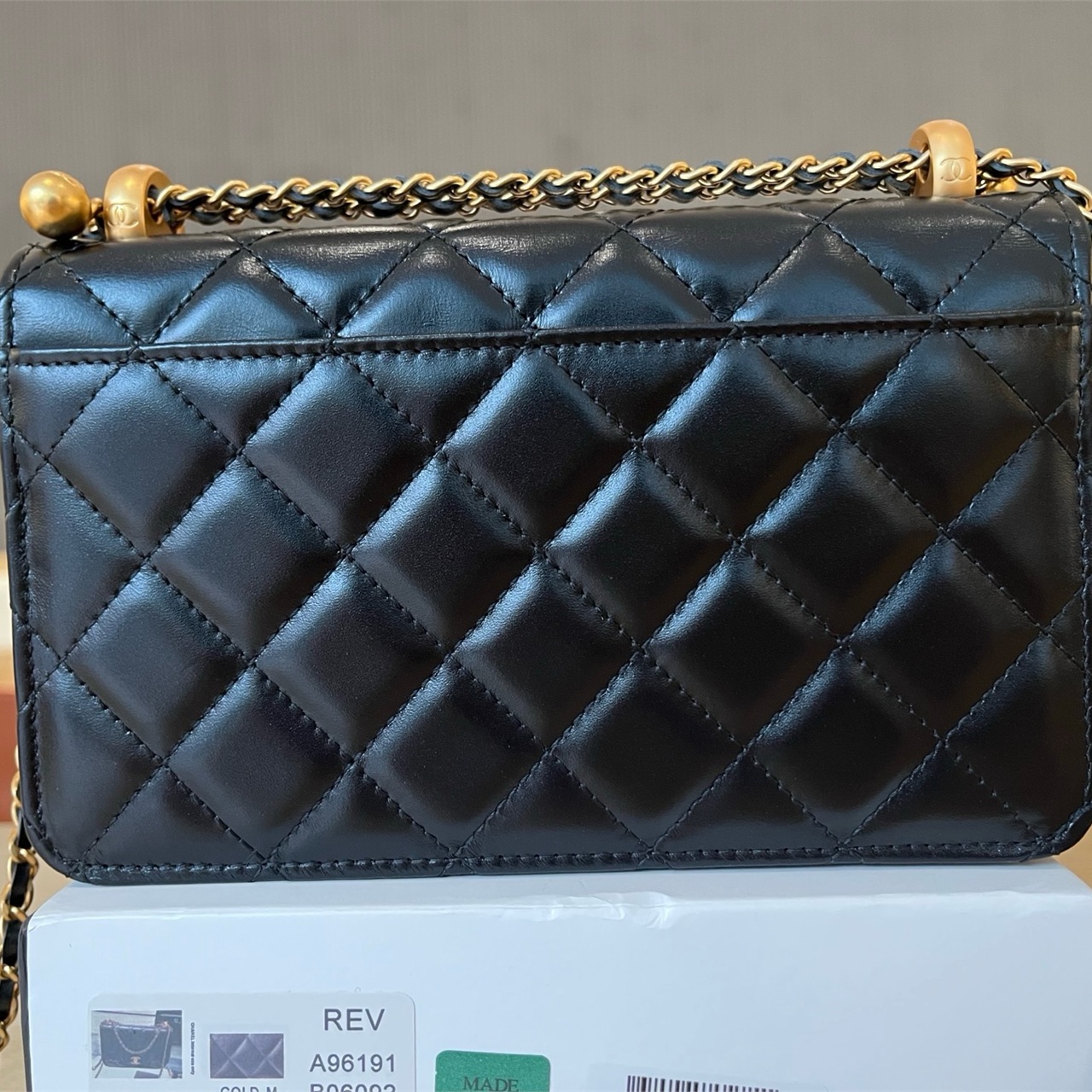 CHANEL Black Shiny Sheepskin Retro Golden Ball CF Mini Chain Bag