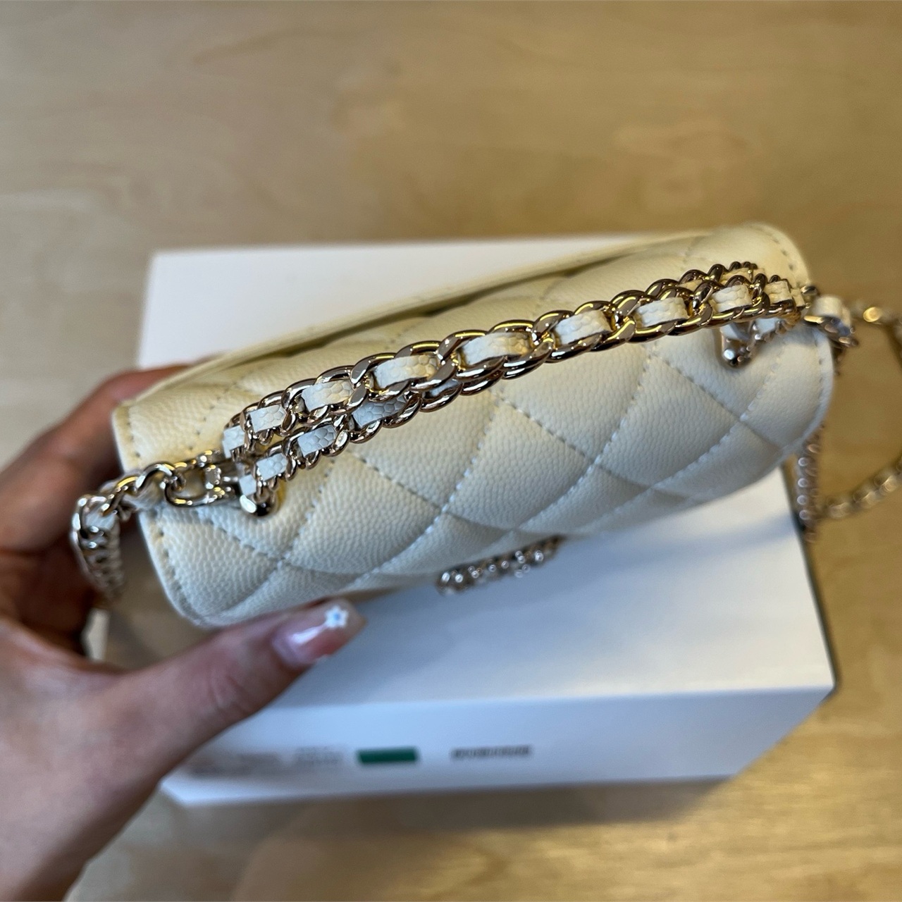 CHANEL beige caviar leather woven double C handheld mini square box chain bag