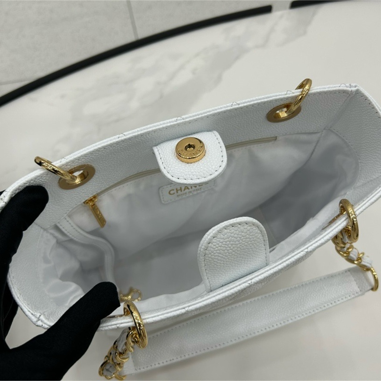 CHANEL milk white caviar cowhide embossed double C vertical tote chain bag