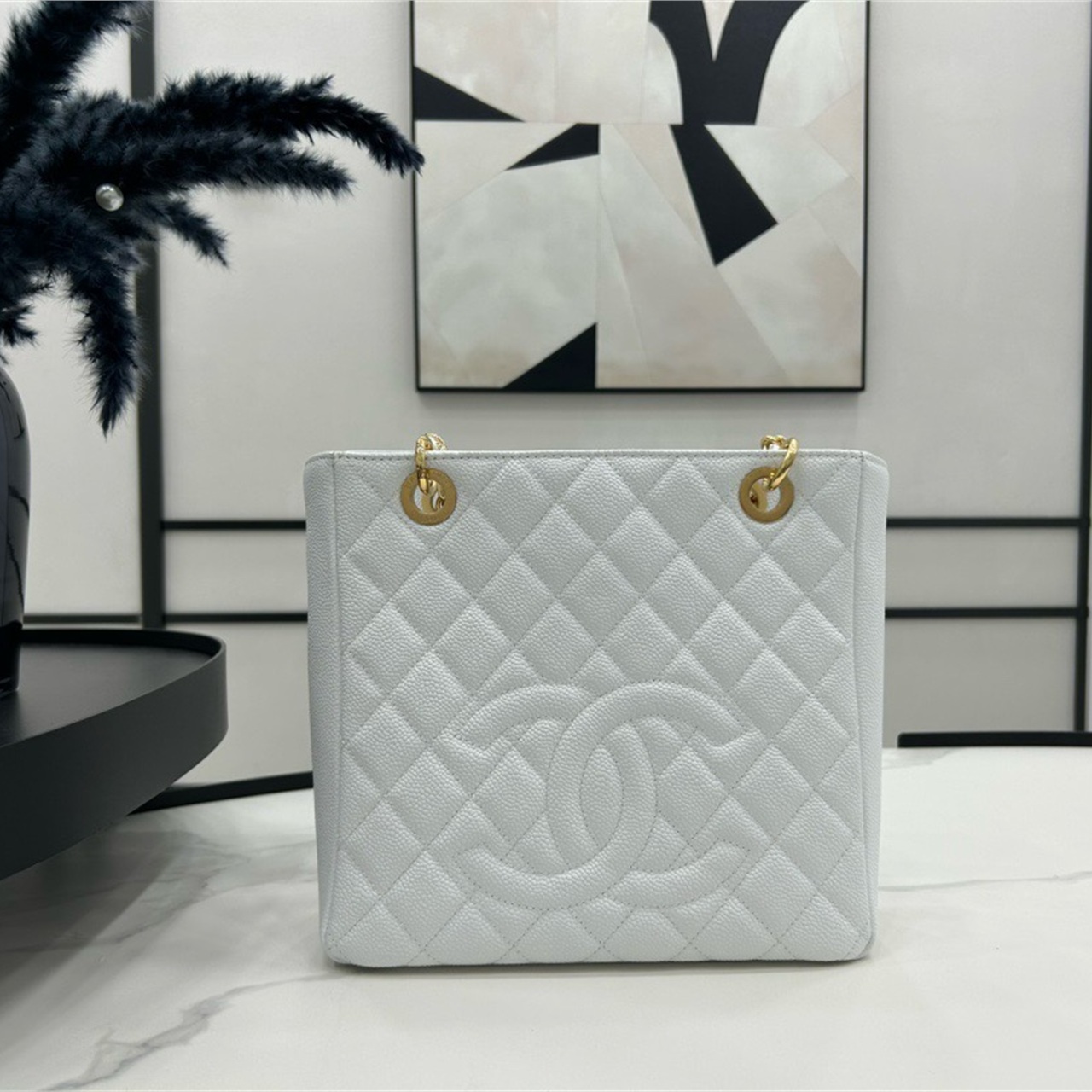 CHANEL milk white caviar cowhide embossed double C vertical tote chain bag