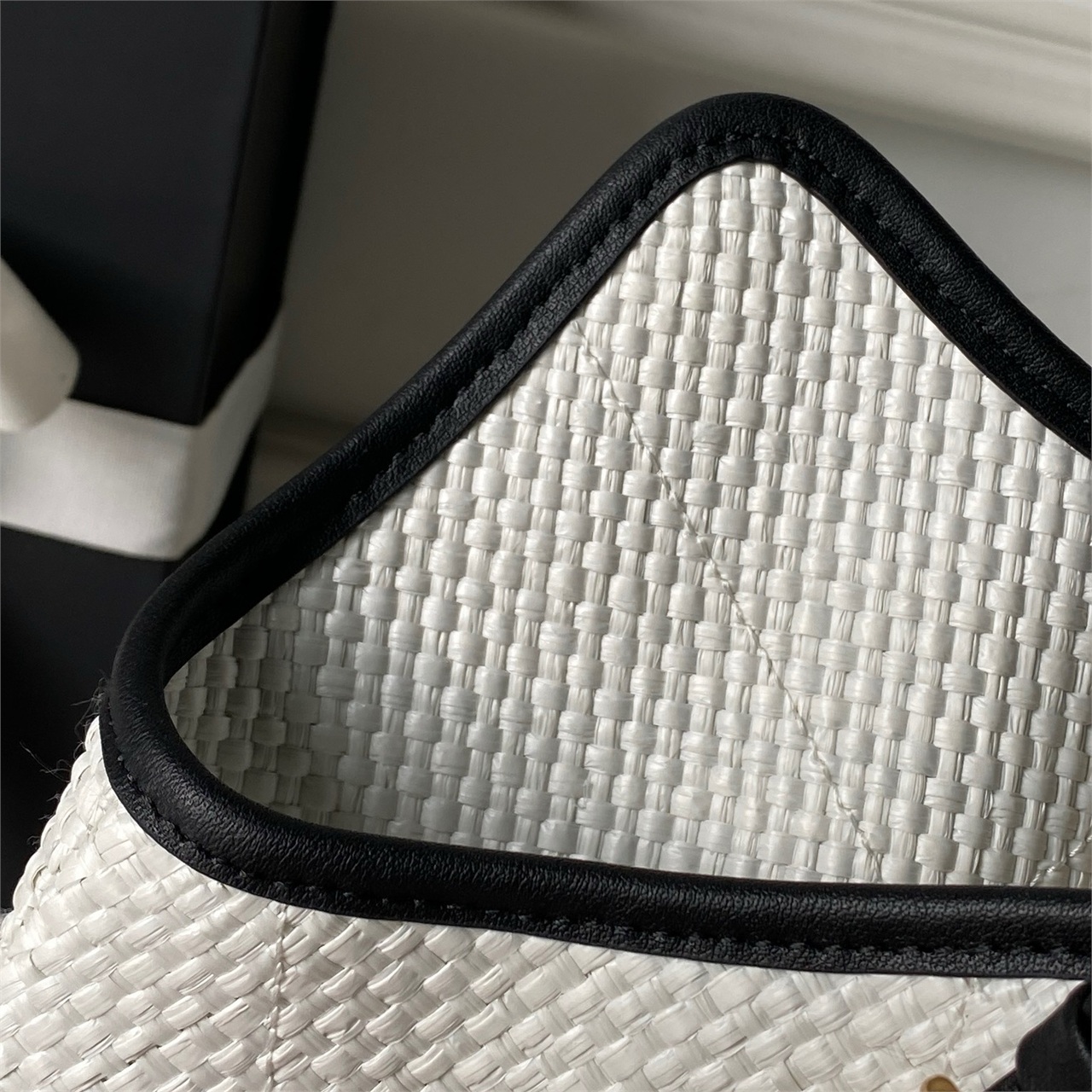 CHANEL white grass woven black leather drawstring tote chain bag