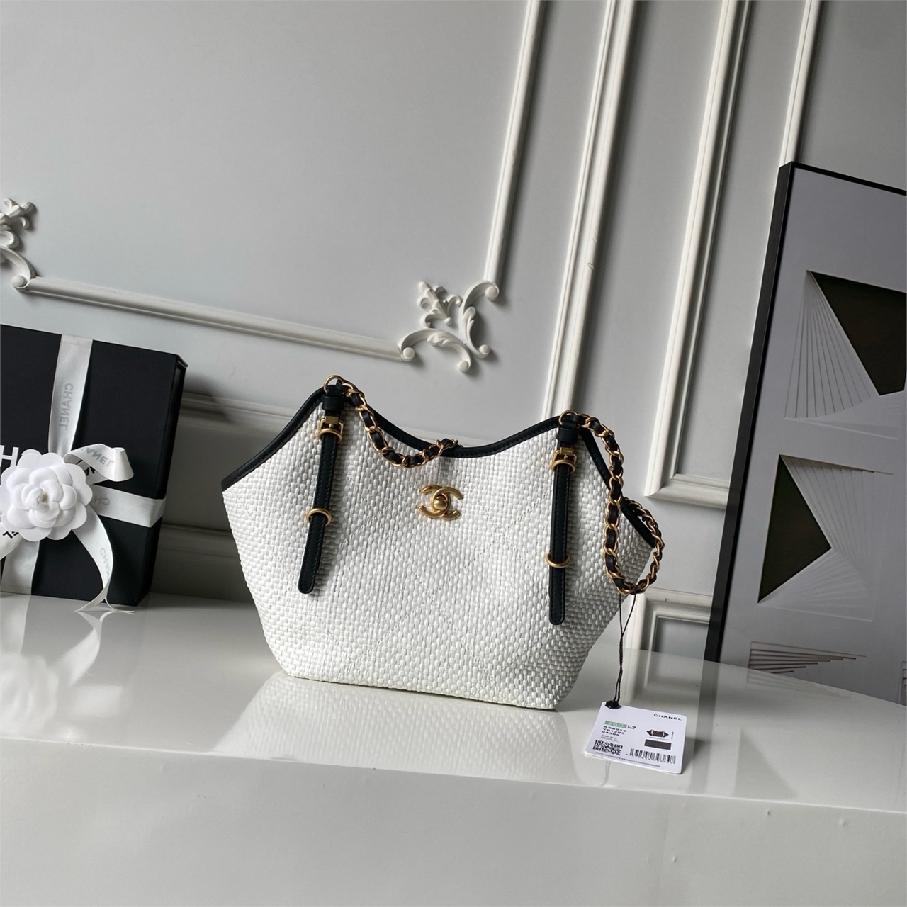 CHANEL white grass woven black leather drawstring tote chain bag