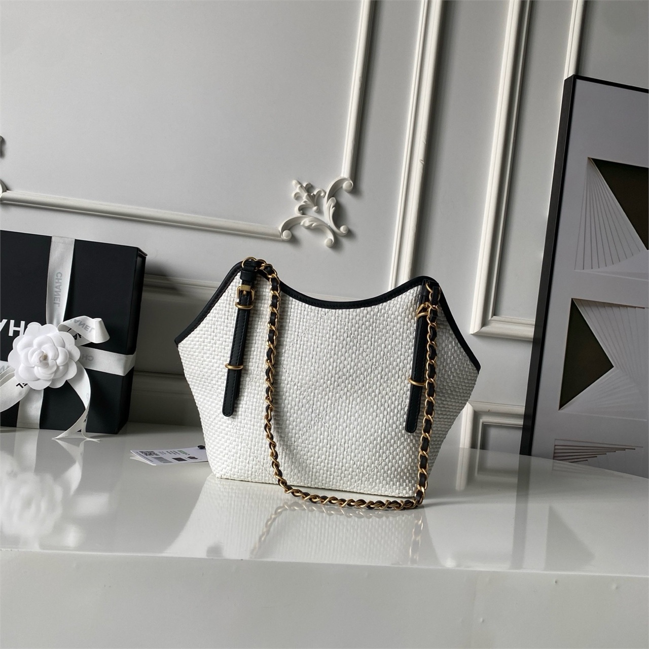 CHANEL white grass woven black leather drawstring tote chain bag