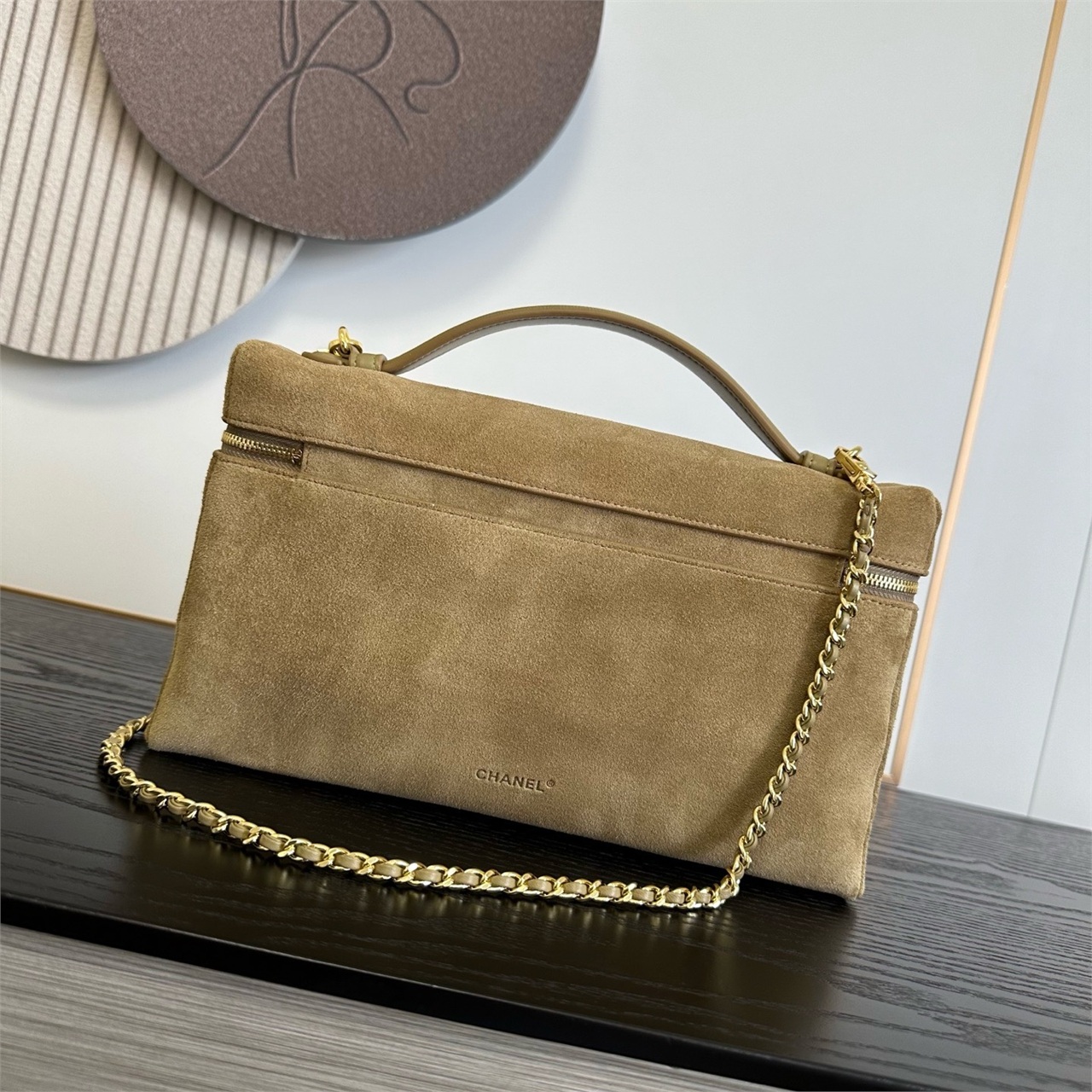 CHANEL khaki suede patchwork glossy leather hand-held rectangular makeup bag