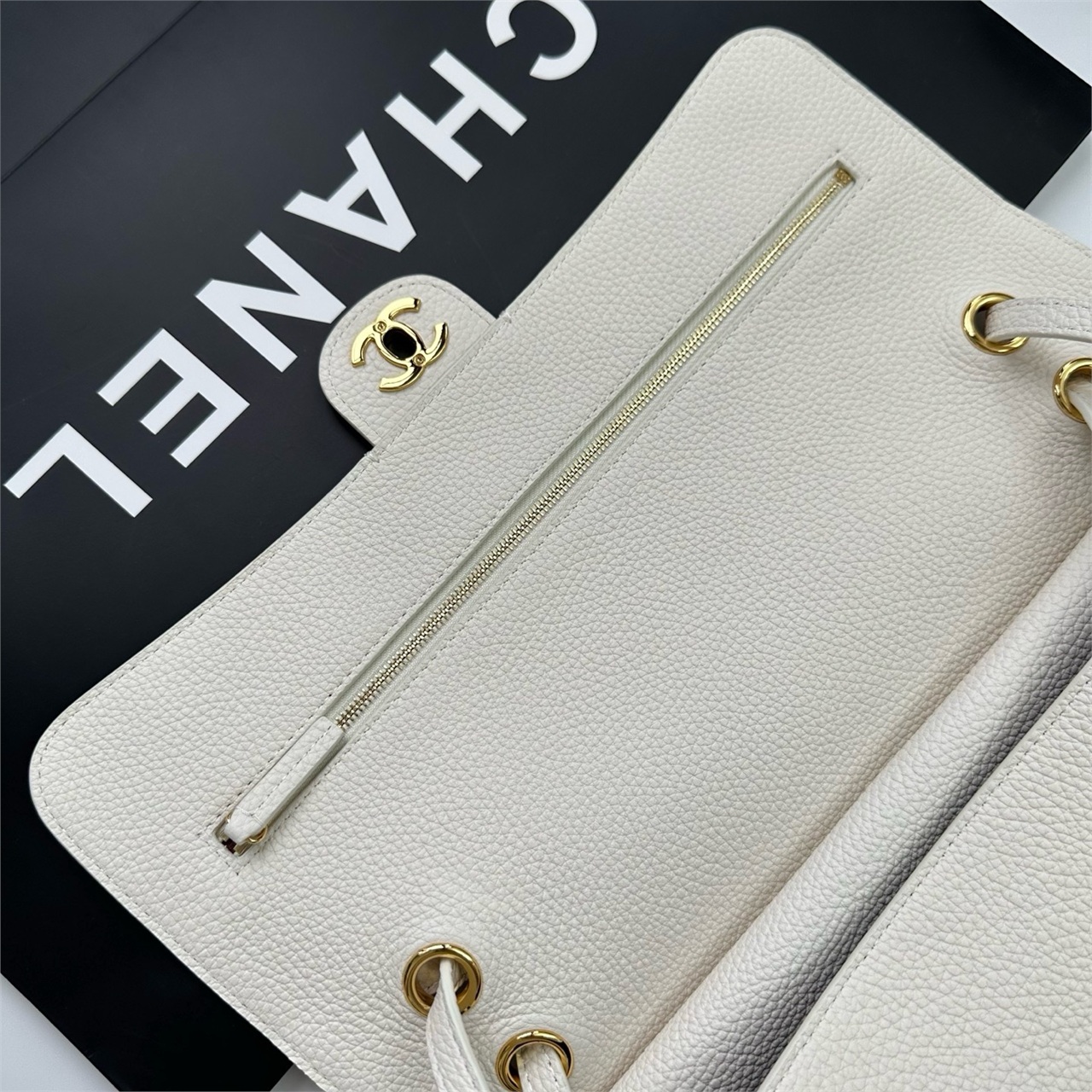 CHANEL milk white caviar cowhide long crossbody envelope French stick bag