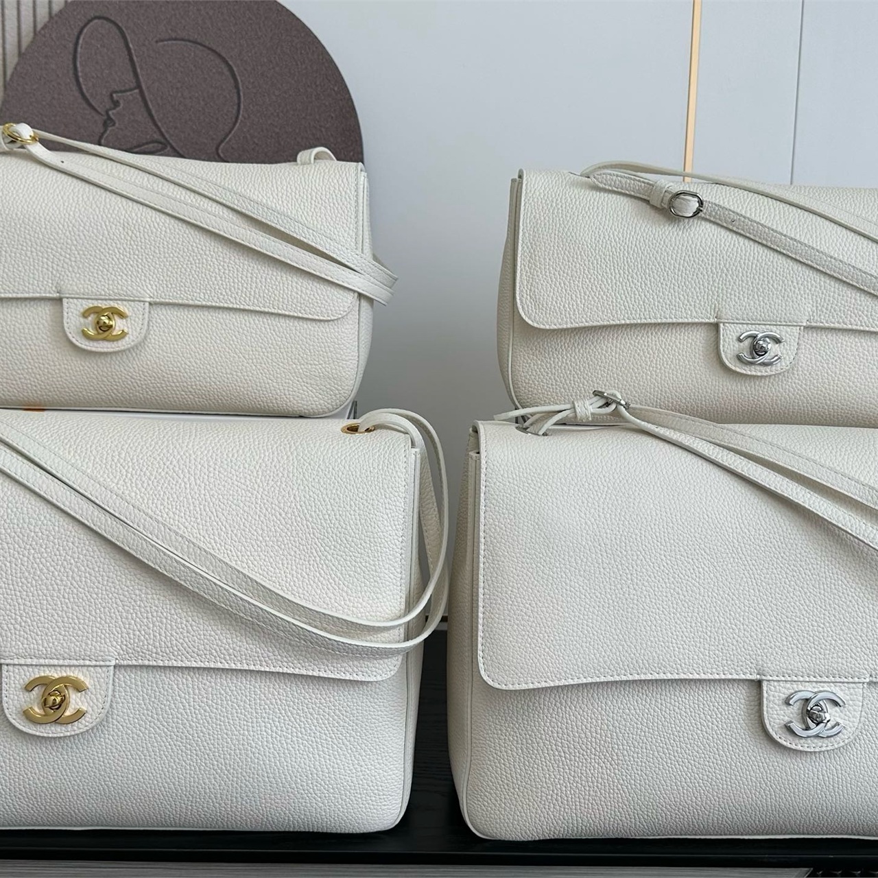 CHANEL milk white caviar cowhide long crossbody envelope French stick bag