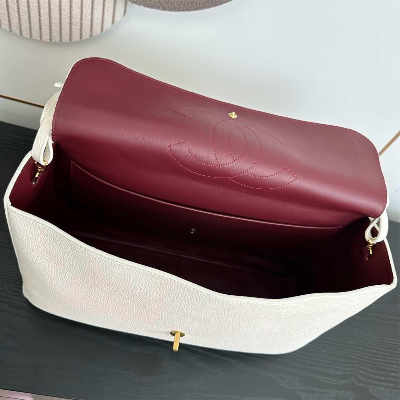CHANEL milk white caviar cowhide long crossbody envelope French stick bag