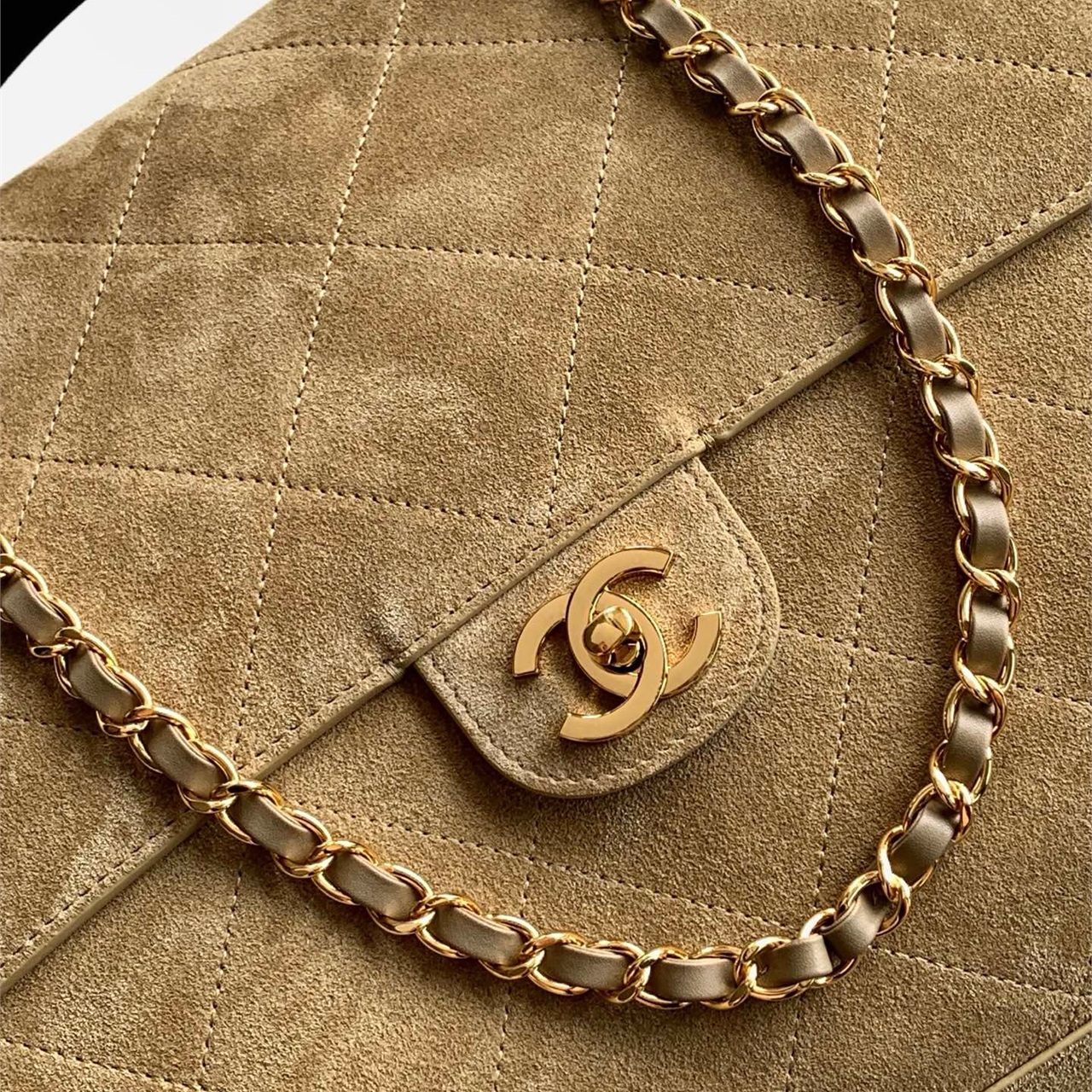 CHANEL khaki suede diamond grid long CF chain underarm bag