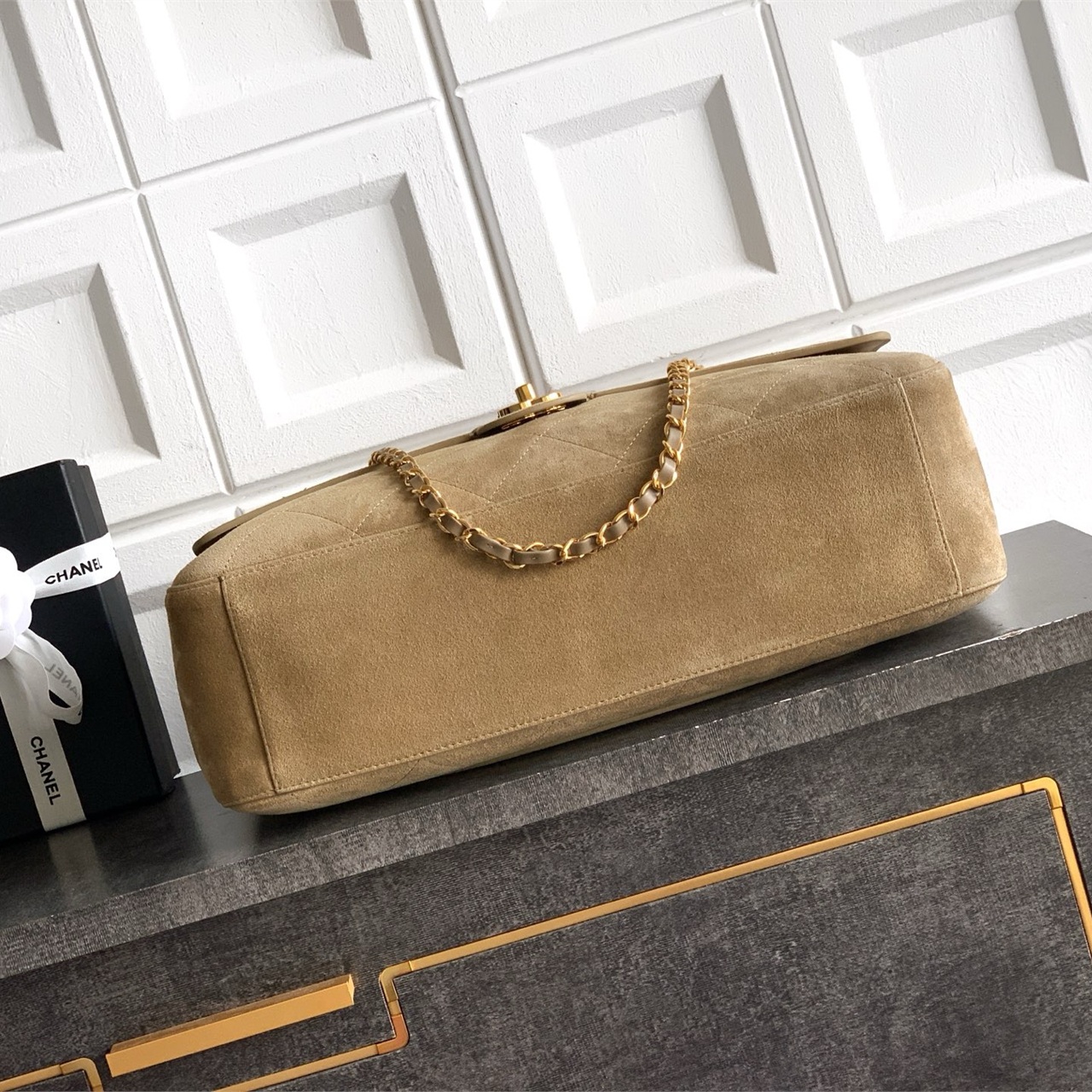 CHANEL khaki suede diamond grid long CF chain underarm bag