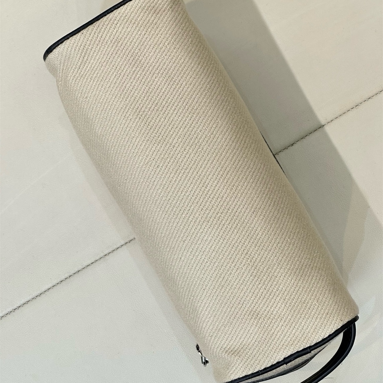 CHANEL white canvas with black leather zipper makeup storage handbag