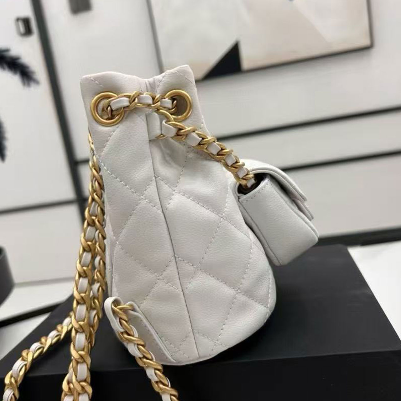 CHANEL milk white caviar diamond grid mini mother and child drawstring bucket bag