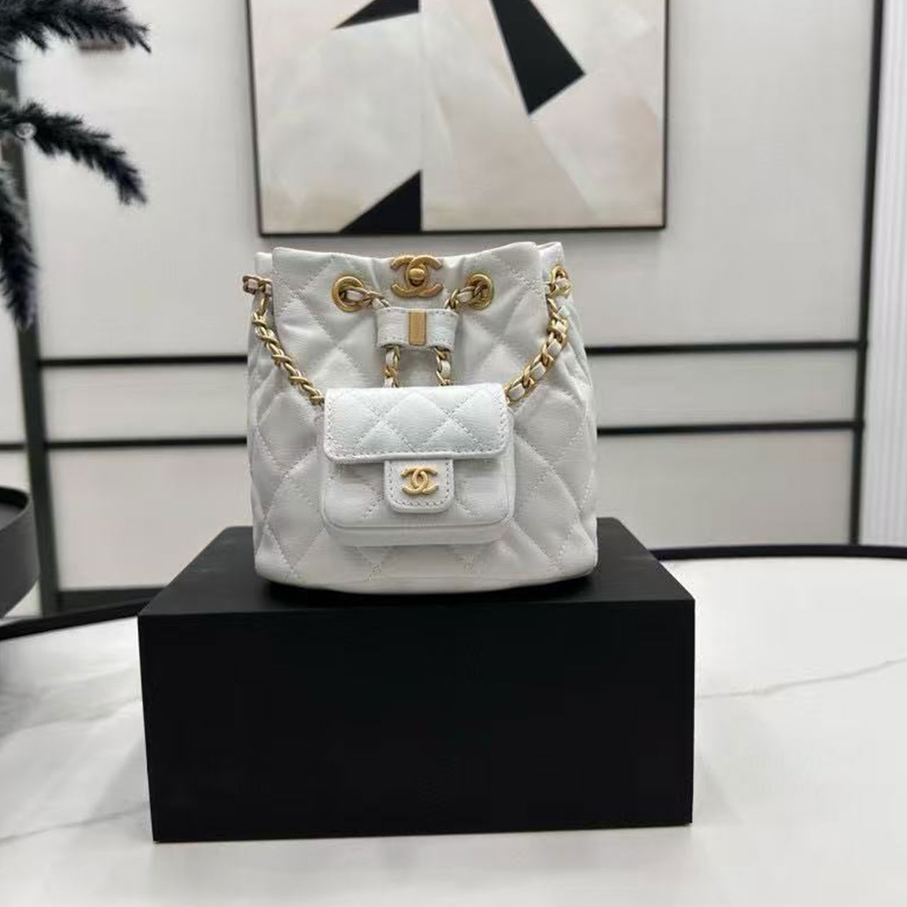 CHANEL milk white caviar diamond grid mini mother and child drawstring bucket bag
