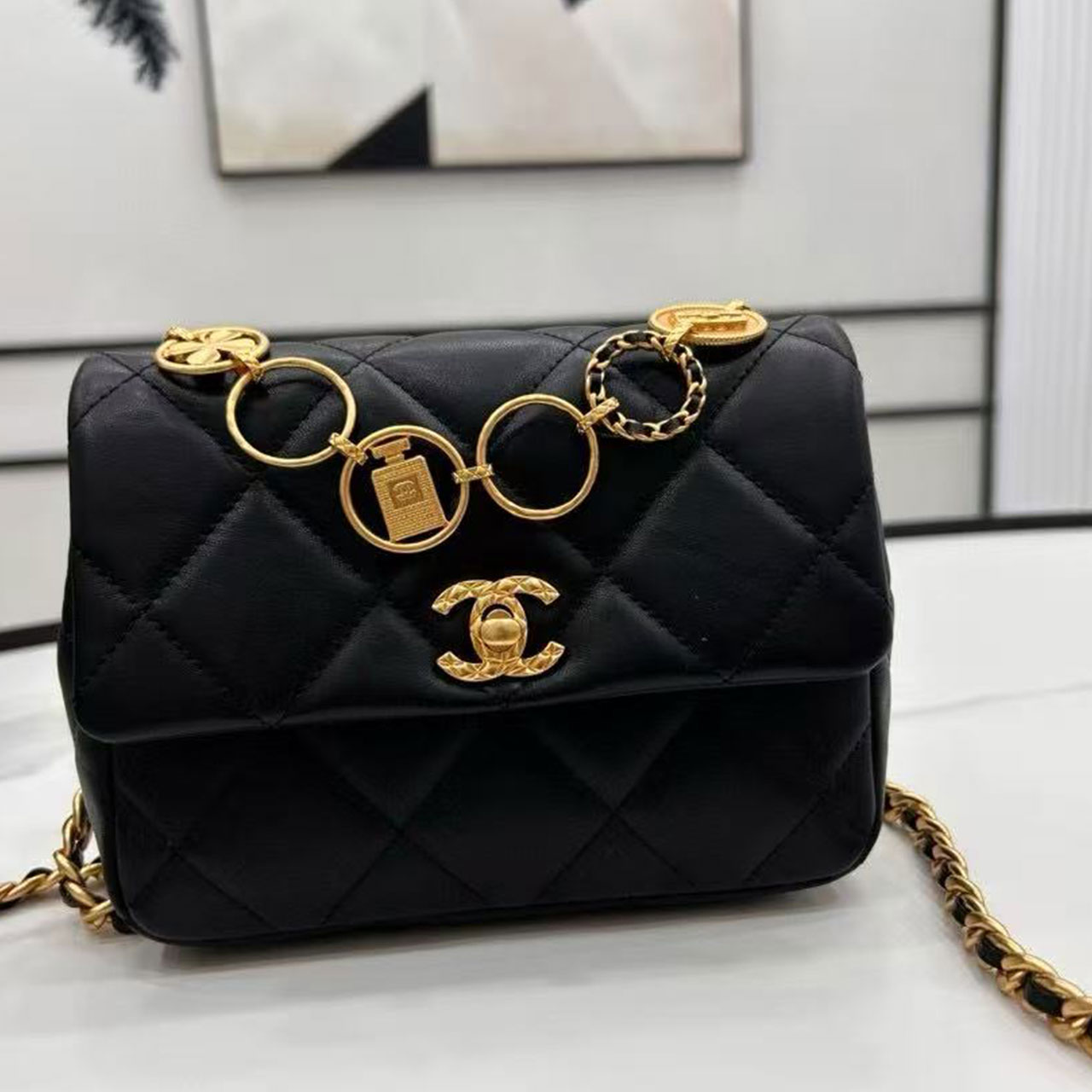 CHANEL Black Lambskin Lingge perfume Bottle Badge CF Flap Chain Bag