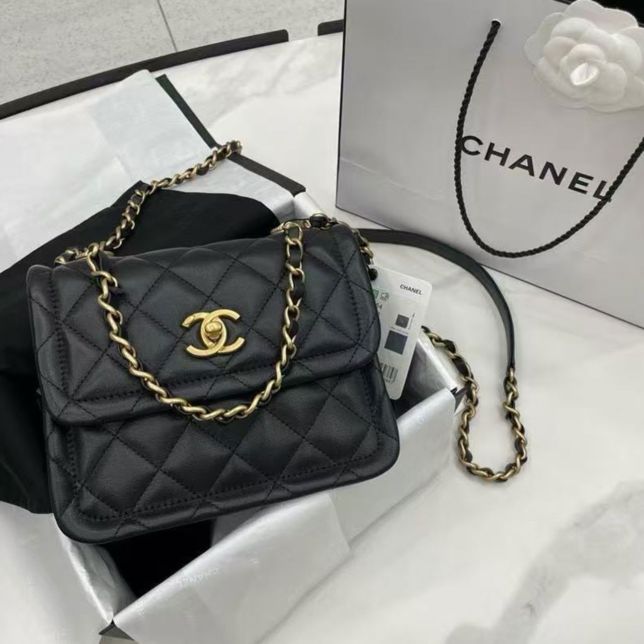 CHANEL Black Soft Light Sheepskin Retro Gold CF Mini Flip Chain Bag