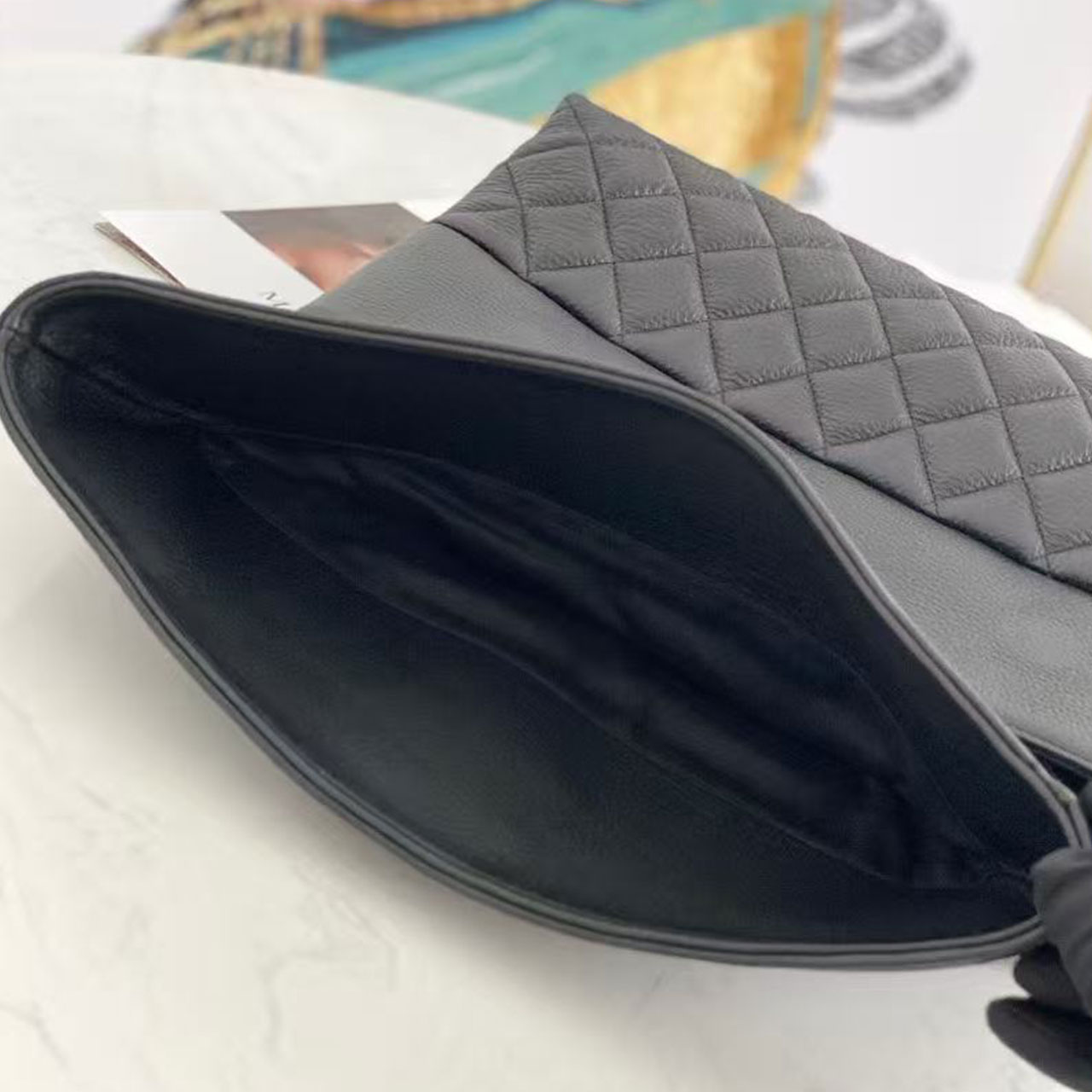 CHANEL black grain cowhide splicing diamond grid flip chain bag