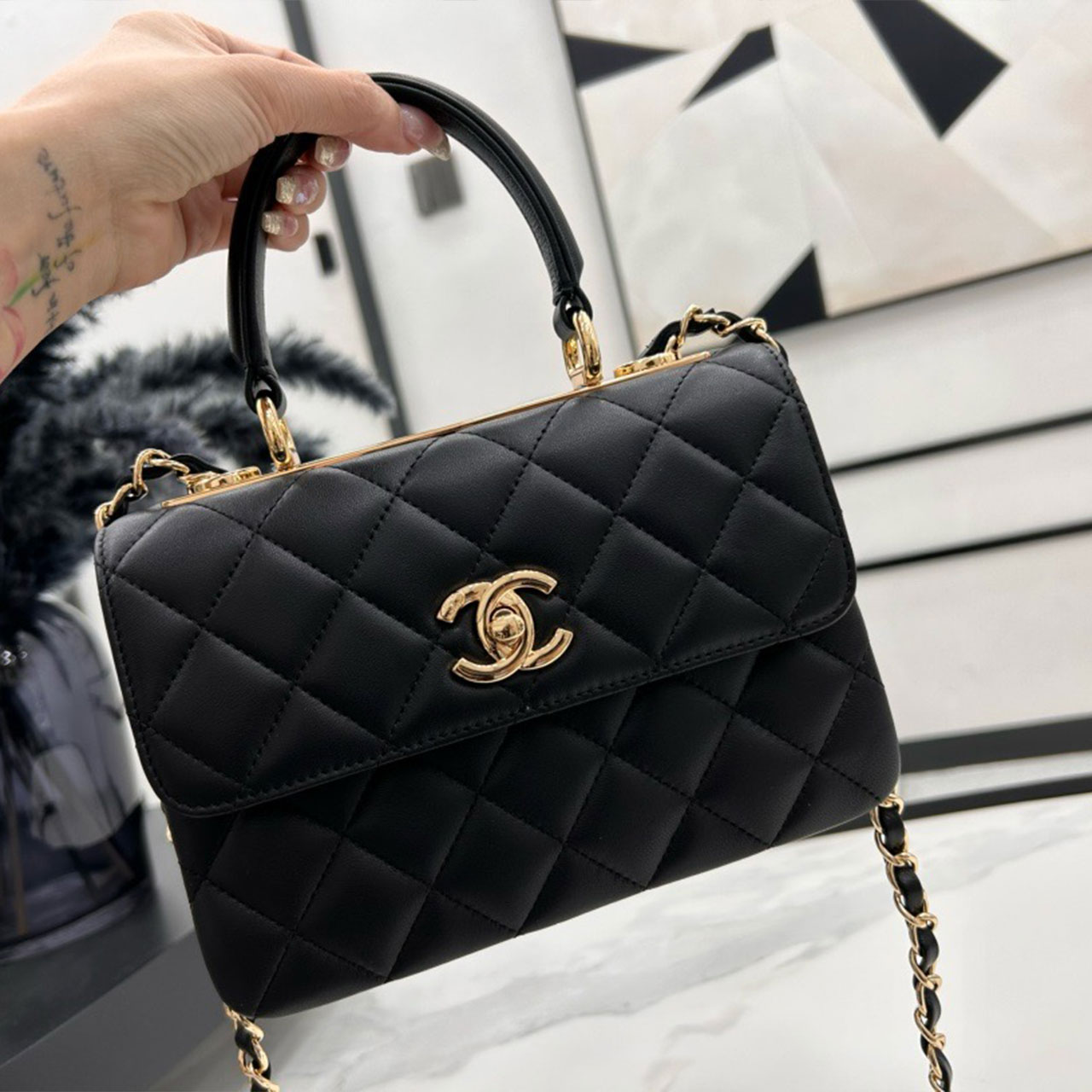 CHANEL Black Soft Light Sheepskin Handheld Square Box Flip Chain Bag