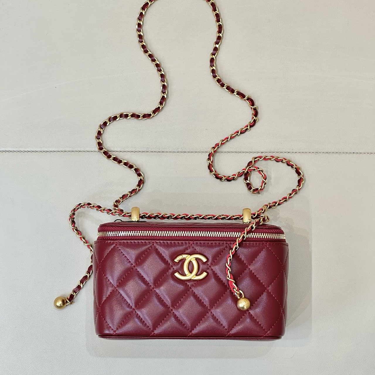 Chanel Quilted Vanity Case Mini Lingge Golden Ball Makeup Box Bag