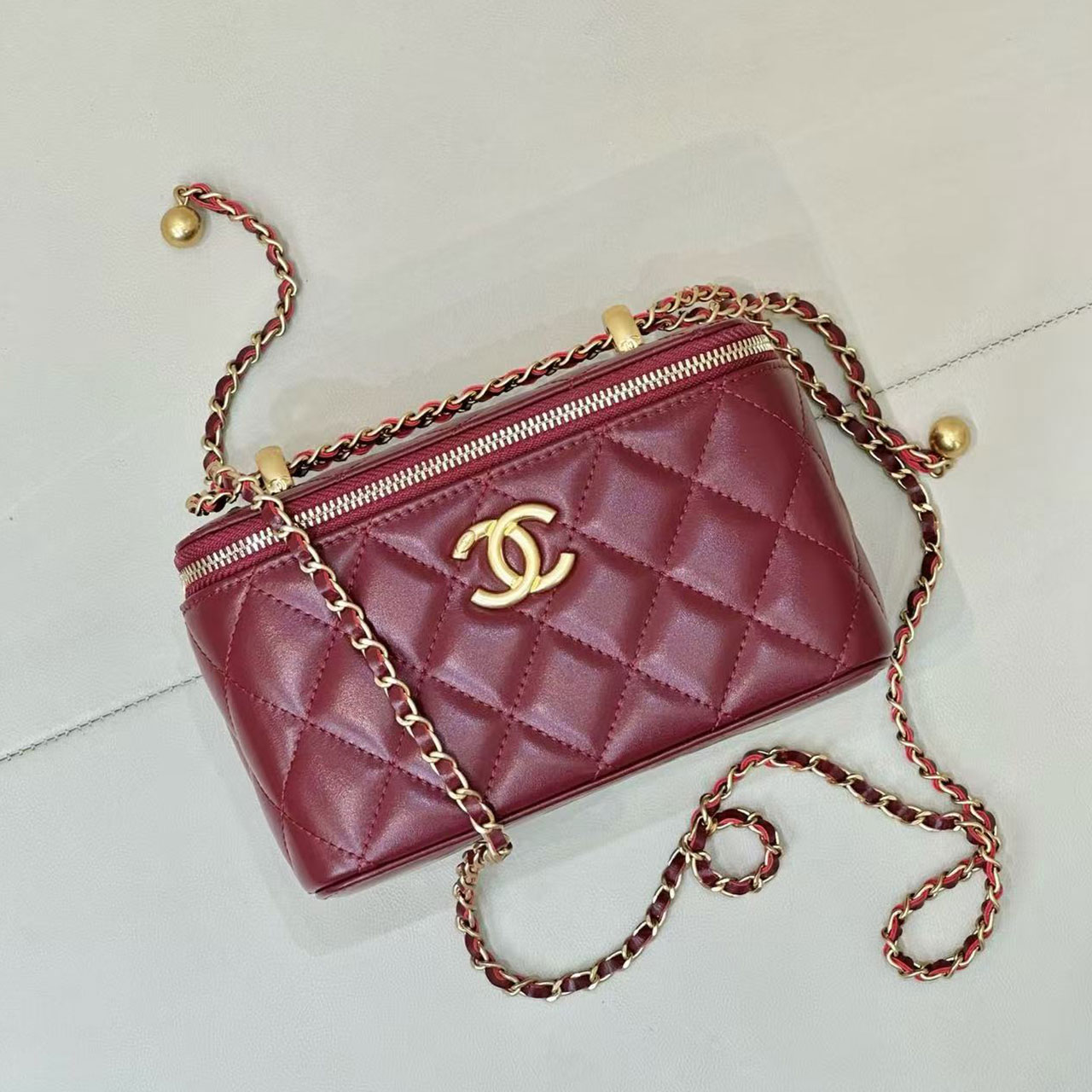 Chanel Quilted Vanity Case Mini Lingge Golden Ball Makeup Box Bag