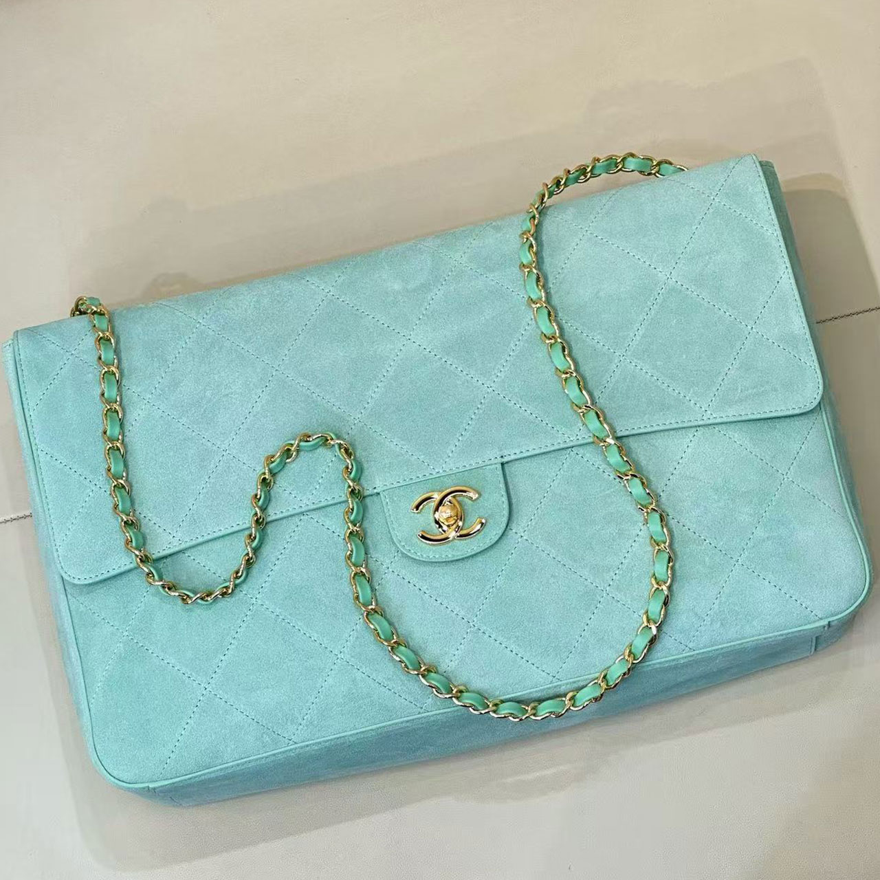 Chanel Classic Flap Jumbo Mint Green suede classic diamond grille bag