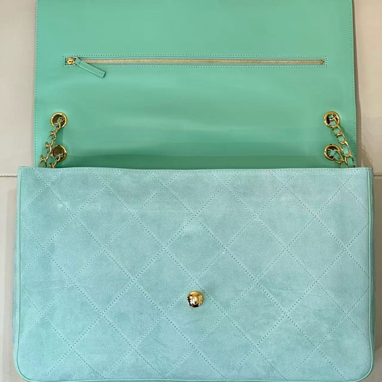 Chanel Classic Flap Jumbo Mint Green suede classic diamond grille bag