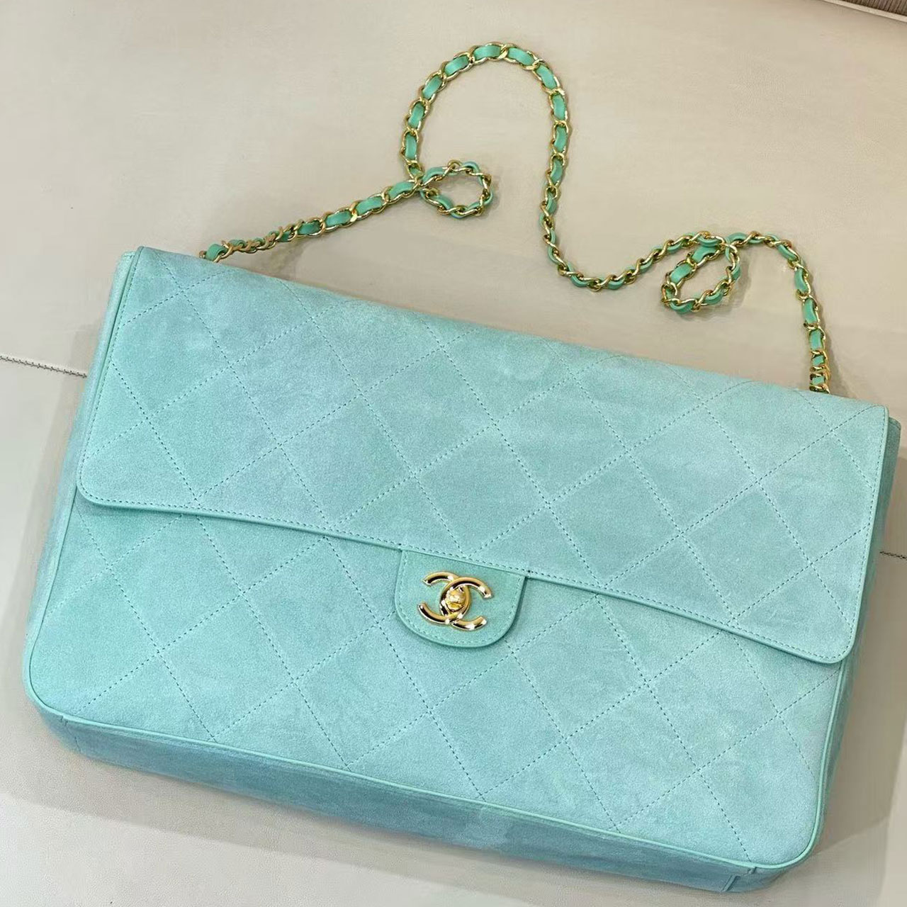 Chanel Classic Flap Jumbo Mint Green suede classic diamond grille bag
