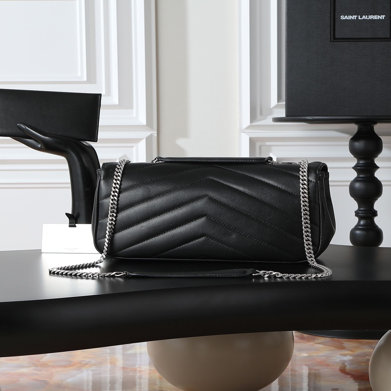 YSL LouLou Medium Flap Bag With Matching Pouch Black silver buckle